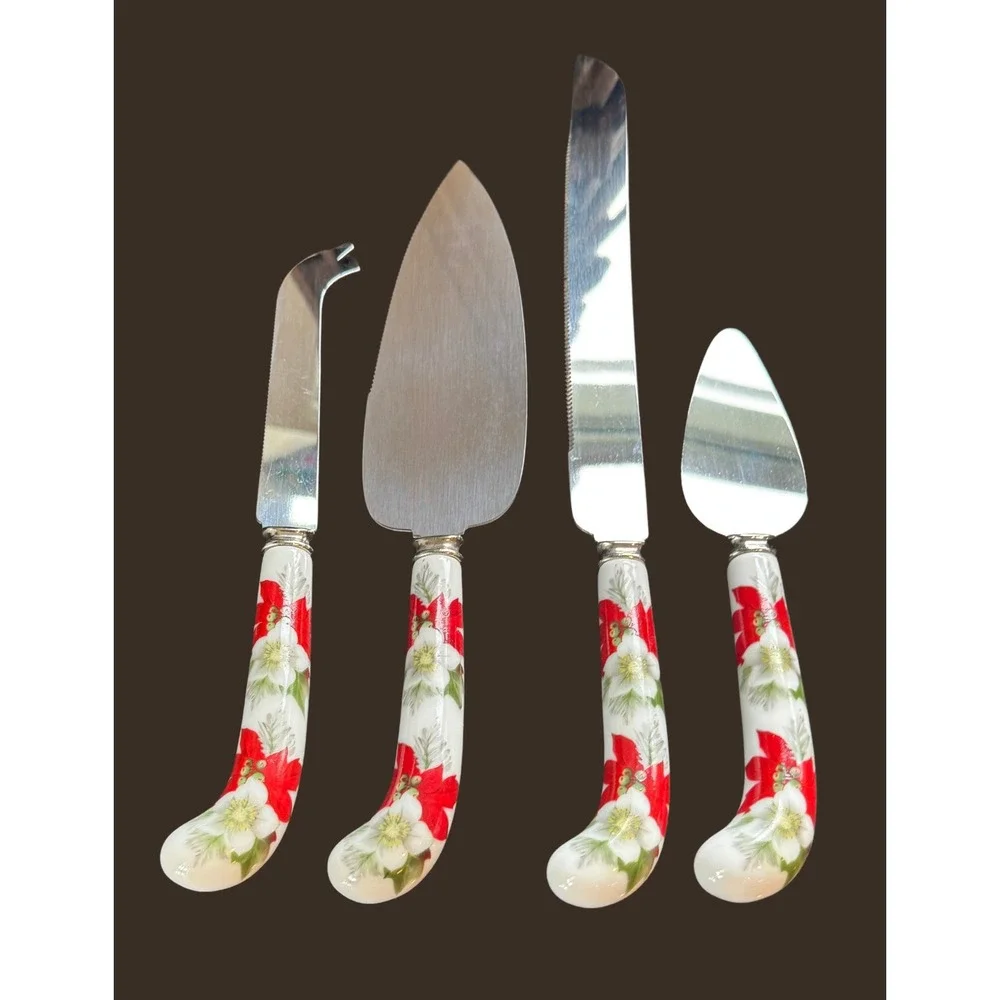 Prill Sheffield England Stainless Poinsettia Porcelain Handle 4pc Serving Set